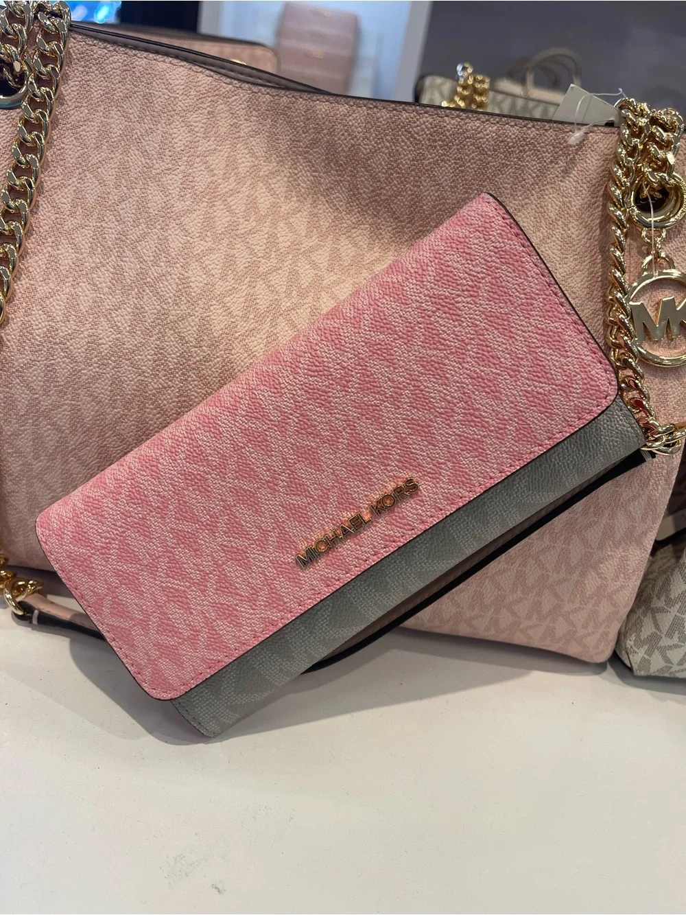 Michael Kors Jet Set Travl Signature Logo Tri-Fold Wallet Trifold  Carnation NWT